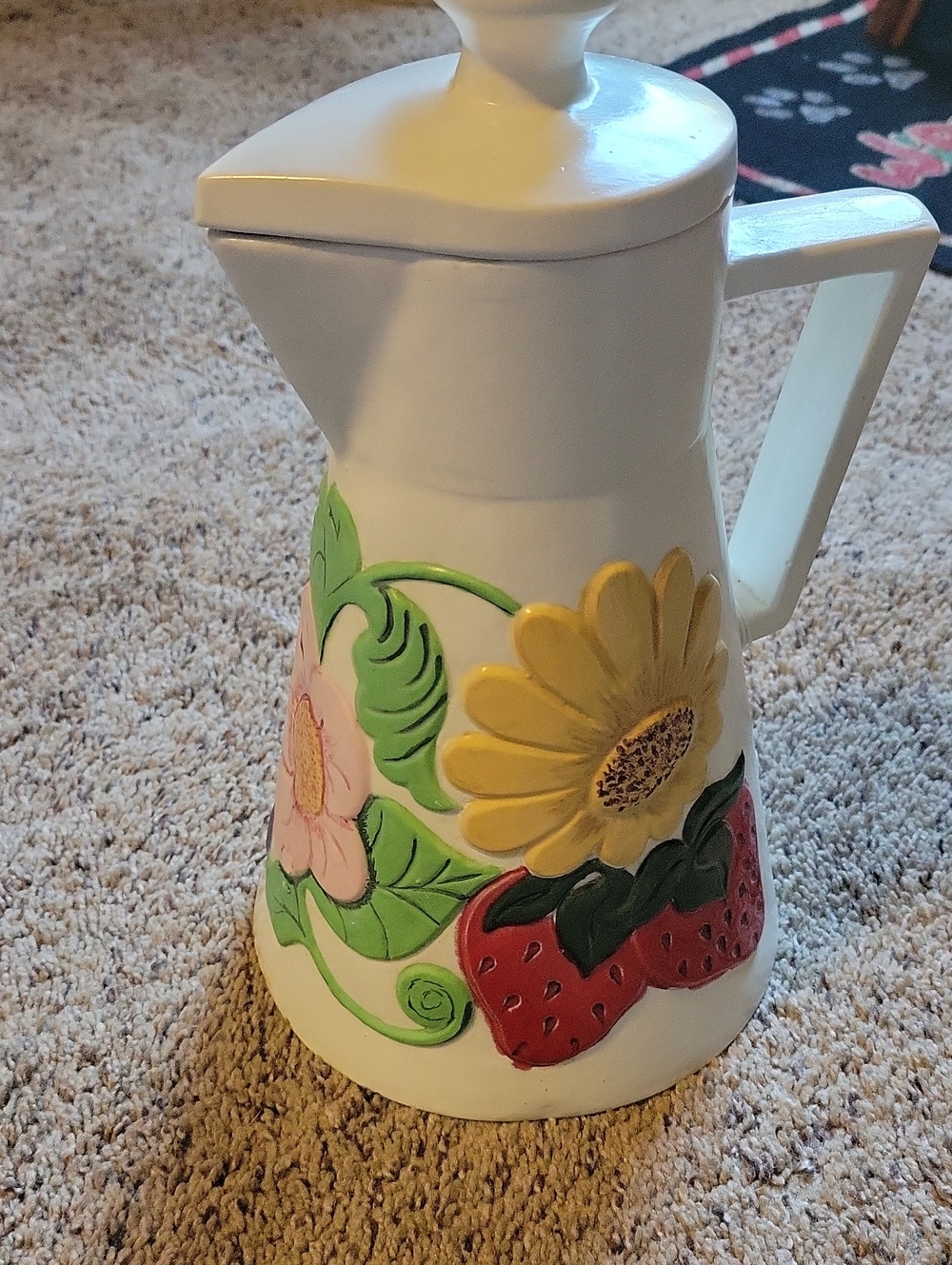 White Ceramic Pitcher with Handpainted Sunflower & Strawberry Motif